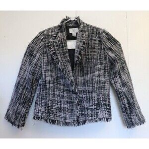 Versailles Blazer Womens Sz‎ 8 Grey Black Tweed Fringe Work Office Casual Jacket